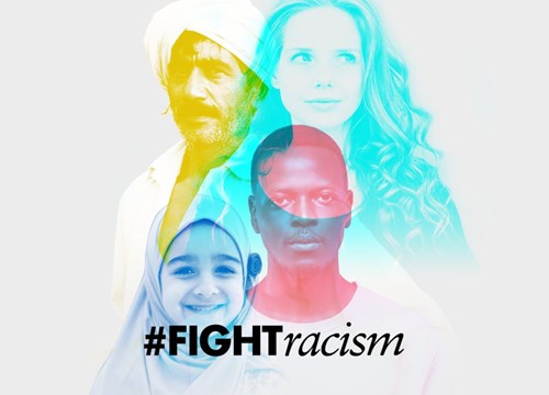 #FightRacism poster featuring portraits of four diverse people