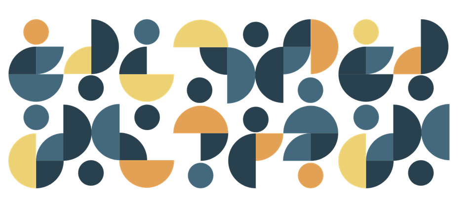 Abstract collection of circles, half, and quarter circles relating to the dot in the Commission logo. Elements are one of two blue colours or a cheery orange or yellow..