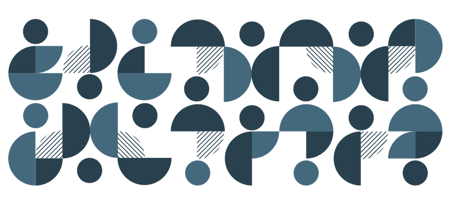 Abstract collection of circles, half, and quarter circles relating to the dot in the Commission logo. Elements are one of two blue colours or striped blue.