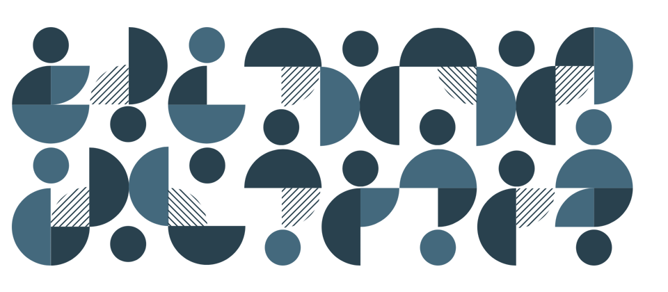 Abstract collection of circles, half, and quarter circles relating to the dot in the Commission logo. Elements are one of two blue colours or striped blue.
