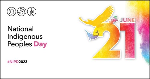 National Indigenous Peoples Day 2023, #NIPD2023, hues of yellow orange pink red purple blue and green fill in the characters of June 21