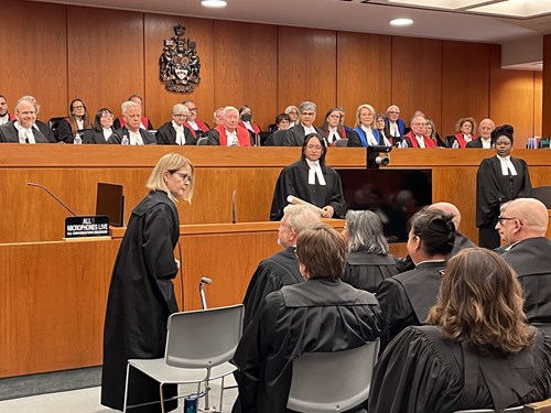 Cynthia Dickins, Member of the Commission, wearing a black court robe, stands on the left side of the room and slightly facing the audience during the ceremony honouring the King’s Counsel recipients.