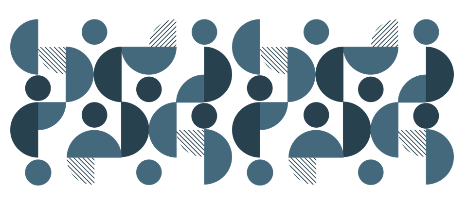 Abstract collection of circles, half, and quarter circles relating to the dot in the Commission logo. Elements are one of two blue colours or striped blue.