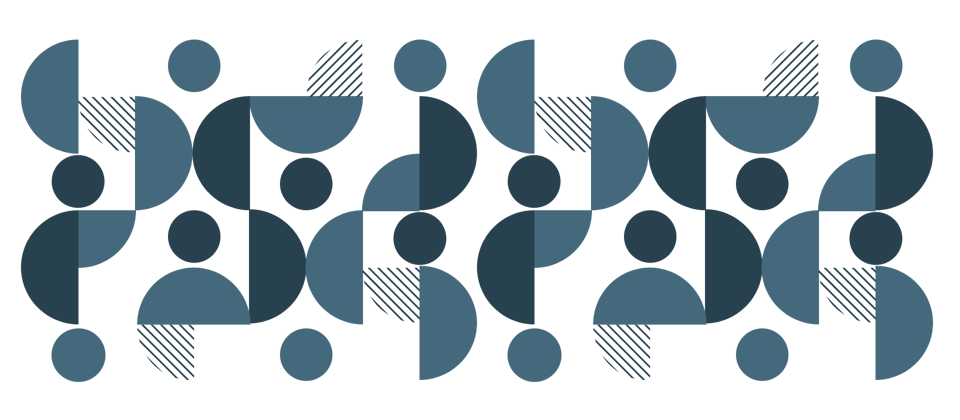 Abstract collection of circles, half, and quarter circles relating to the dot in the Commission logo. Elements are one of two blue colours or striped blue.