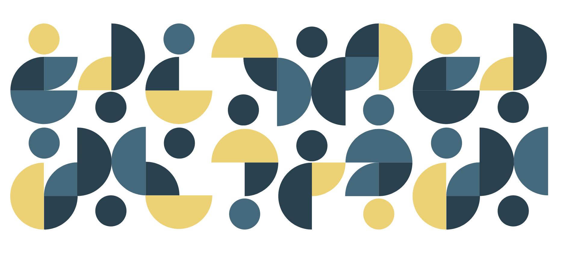 Abstract collection of circles, half, and quarter circles relating to the dot in the Commission logo. Elements are one of two blue colours or a cheery yellow.