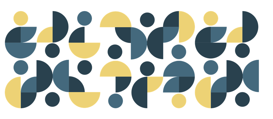 Abstract collection of circles, half, and quarter circles relating to the dot in the Commission logo. Elements are one of two blue colours or a cheery yellow.