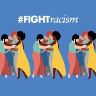 Graphic from the United Nations showing groups of diverse people against a blue background under the white hashtag #FIGHTracism