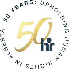 AHRC 50th gold and dark blue anniversary logo, 50 years: Upholding human rights in Alberta