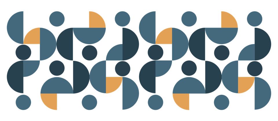 Abstract collection of circles, half, and quarter circles relating to the dot in the Commission logo. Elements are one of two blue colours or a cheery orange.