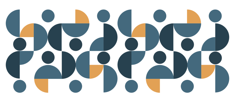Abstract collection of circles, half, and quarter circles relating to the dot in the Commission logo. Elements are one of two blue colours or a cheery orange.