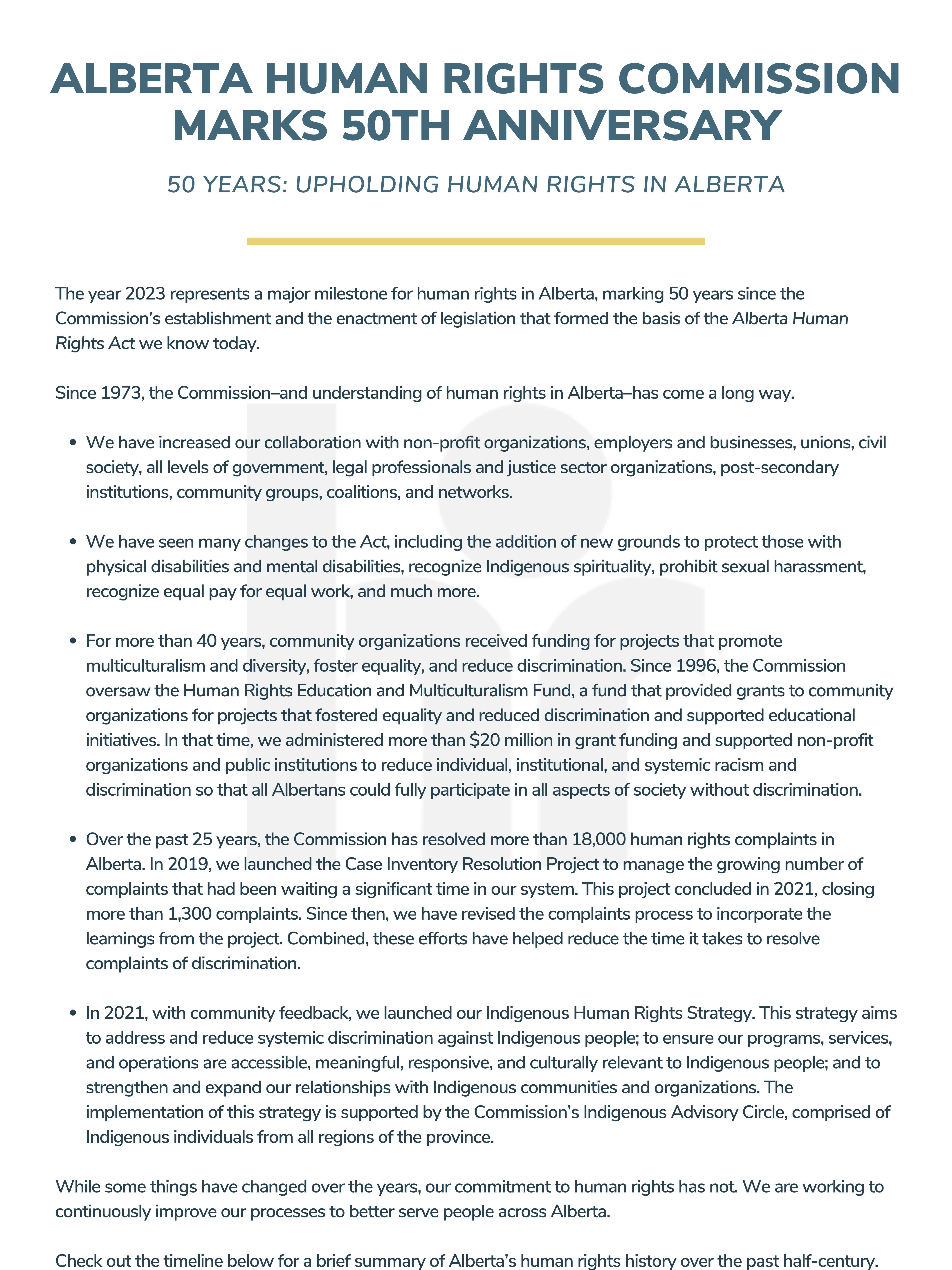 Graphic - Title and copy describing Alberta Human Rights Commission marking 50th Anniversary and upholding human rights in Alberta