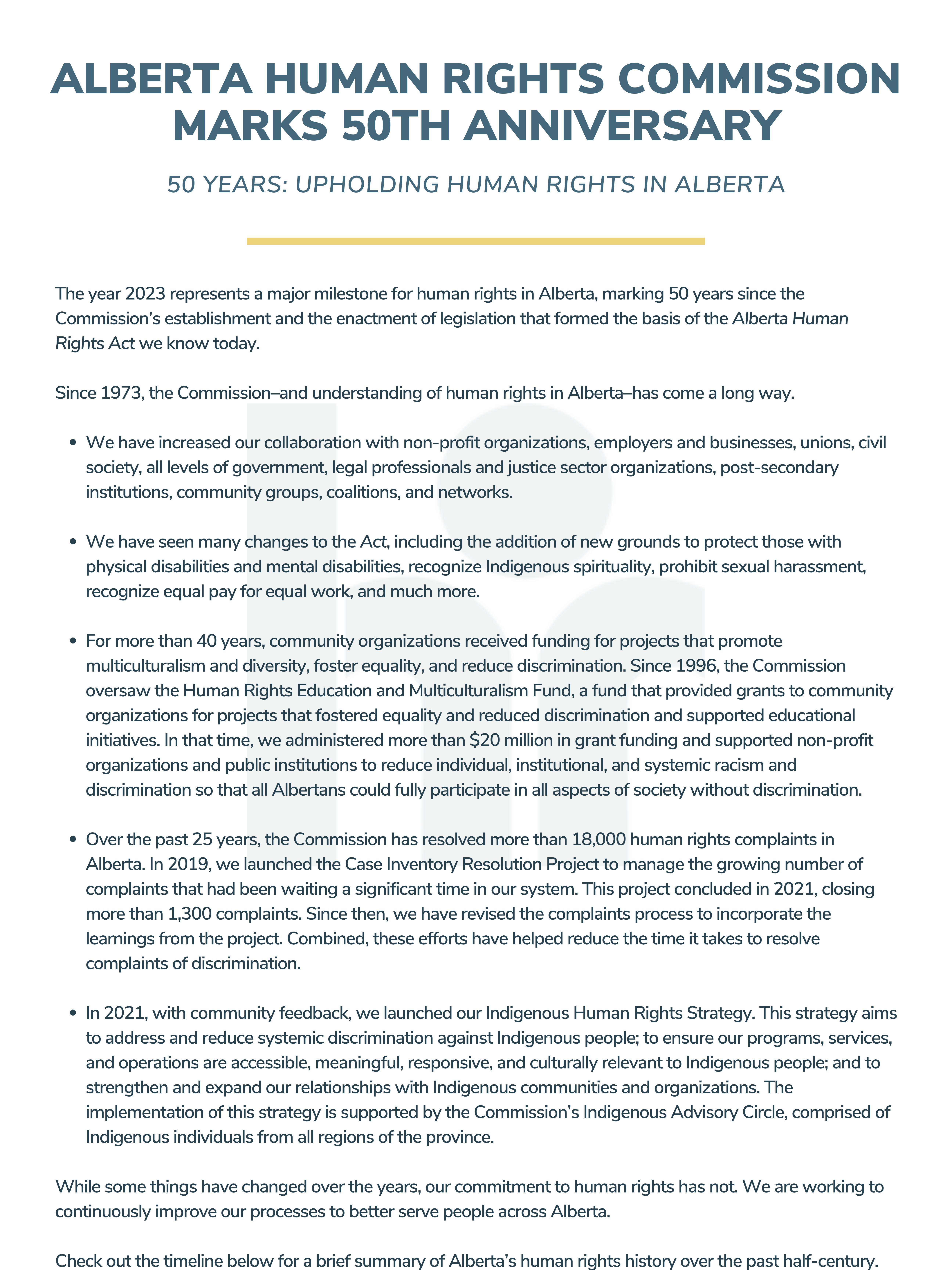 Title and copy describing Alberta Human Rights Commission marking its 50th Anniversary and upholding human rights in Alberta. See link at top of page for full text.