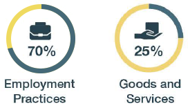 Circles showing percentages for employment practices and goods/services. Values in table below.