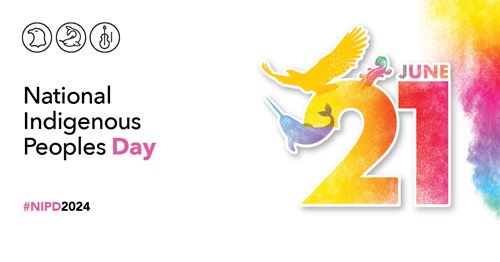 An eagle representing First Nations, a narwhal representing Inuit, and a violin representing Métis. These illustrations are placed around the date "June 21" and surrounded by multicoloured smoke that represents Indigenous traditions, spirituality, inclusion, and diversity