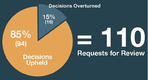 Pie chart showing 85% of decisions were upheld and 15% were overturned for 110 requests reviewed.