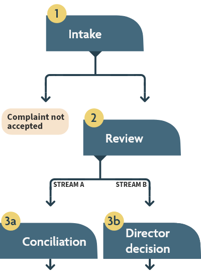 Flow chart showing the intake, review, conciliation and director decision steps, as described in the text version linked at the top of the page.