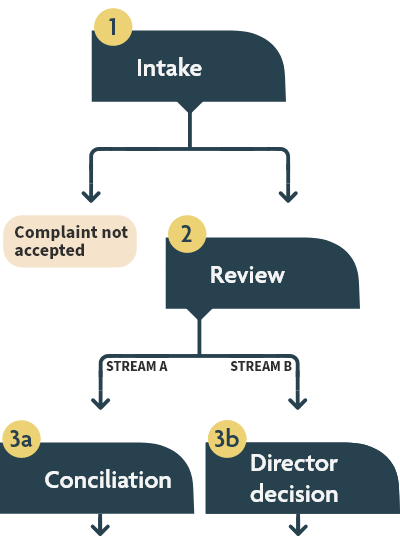 Flow chart showing the intake, review, conciliation and director decision steps, as described in the text version linked at the top of the page.
