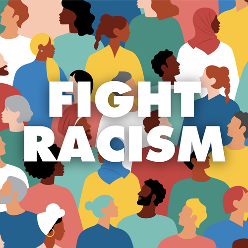Animated image of diverse people with text saying Fight Racism