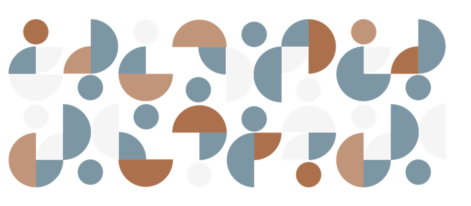 Abstract collection of circles, half, and quarter circles relating to the dot in the Commission logo. Elements are one of two brown colours or white or blue.