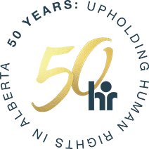 AHRC anniversary logo. Gold foil coloured number 50 circled with this text in blue: 50 Years: Upholding Human Rights In Alberta