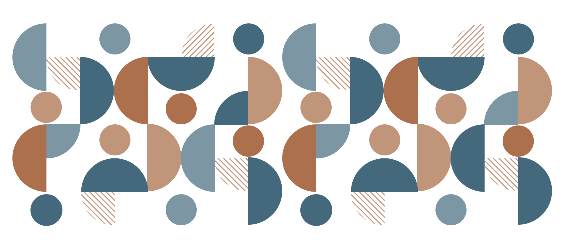 Abstract collection of circles, half, and quarter circles relating to the dot in the Commission logo. Elements are one of two brown, two blue colours or striped brown.
