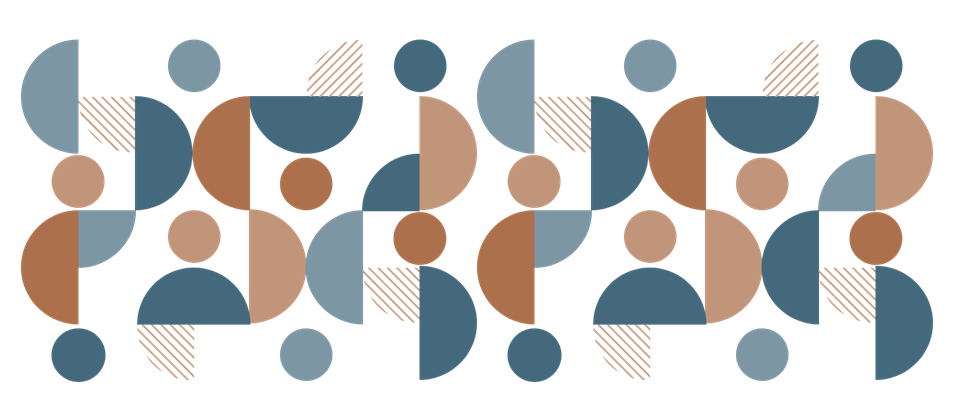 Abstract collection of circles, half, and quarter circles relating to the dot in the Commission logo. Elements are one of two brown, two blue colours or striped brown.