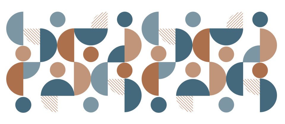 Abstract collection of circles, half, and quarter circles relating to the dot in the Commission logo. Elements are one of two brown, two blue colours or striped brown.