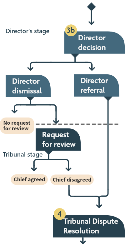 Flow chart showing the director decision, director dismissal, director referral request for review, and tribunal dispute resolution steps, as described in the text version linked at the top of the page.