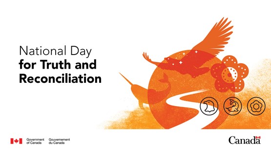 National Day for Truth and Reconciliation. White stars above and a white winding pathway below surrounded by shades of orange-coloured figures depicting smoke, a beaded flower, a narwhal, and an eagle. The beaded flower, narwhal, and eagle are also shown as black outlined icons. Government of Canada logo and the Canadian flag are in the footer.