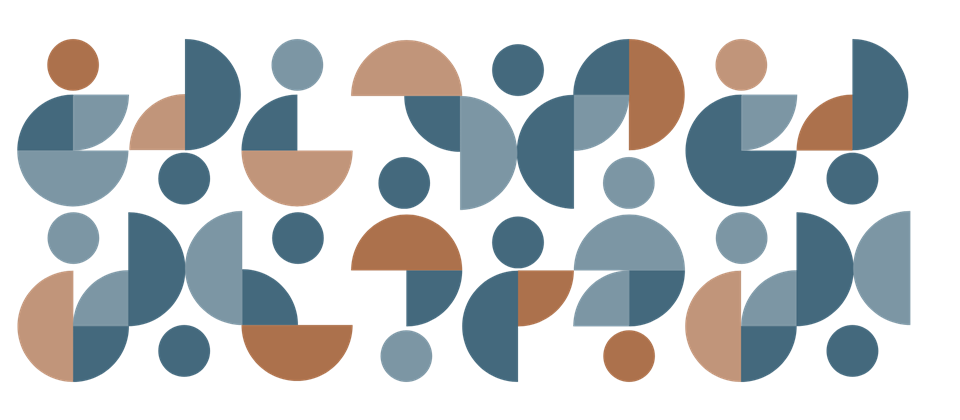 Abstract collection of circles, half, and quarter circles relating to the dot in the Commission logo. Elements are one of two blue colours or one of two browns.