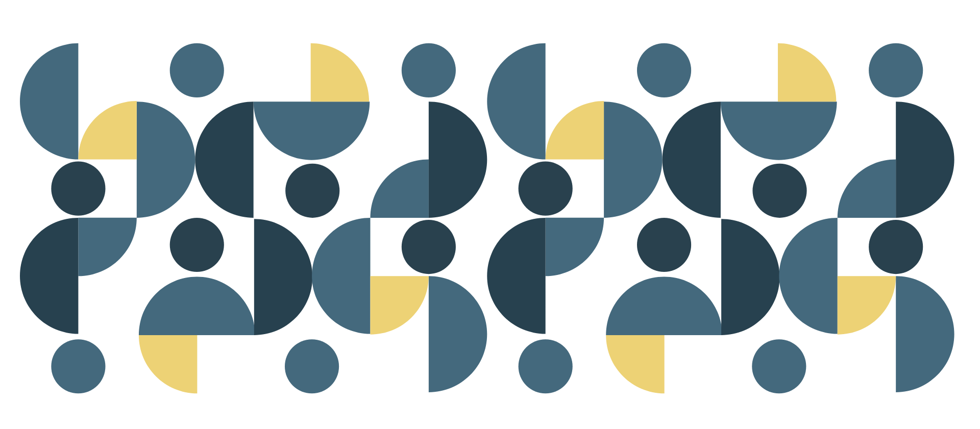 Abstract collection of circles, half, and quarter circles relating to the dot in the Commission logo. Elements are one of two blue colours or a cheery yellow.