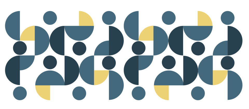 Abstract collection of circles, half, and quarter circles relating to the dot in the Commission logo. Elements are one of two blue colours or a cheery yellow.