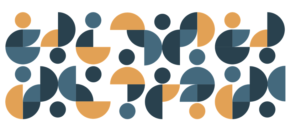 Abstract collection of circles, half, and quarter circles relating to the dot in the Commission logo. Elements are one of two blue colours or a cheery orange.